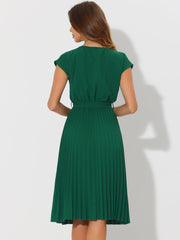 Crew Neck Sleeveless Tie Waist A-Line Pleated Dress