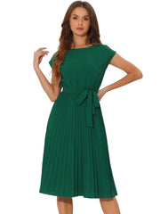 Crew Neck Sleeveless Tie Waist A-Line Pleated Dress