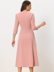 Notch Neck Pocketed 3/4 Sleeve Solid A-Line Work Dress