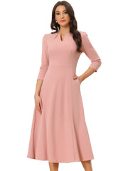 Notch Neck Pocketed 3/4 Sleeve Solid A-Line Work Dress
