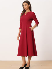 Notch Neck Pocketed 3/4 Sleeve Solid A-Line Work Dress