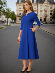Notch Neck Pocketed 3/4 Sleeve Solid A-Line Work Dress