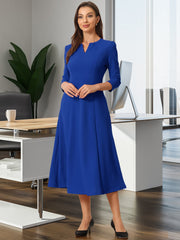 Notch Neck Pocketed 3/4 Sleeve Solid A-Line Work Dress