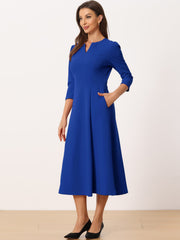 Notch Neck Pocketed 3/4 Sleeve Solid A-Line Work Dress