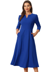 Notch Neck Pocketed 3/4 Sleeve Solid A-Line Work Dress