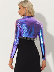 Women's Cropped Bolero Holographic Party Shimmering Shiny Lightweight Metallic Cardigan