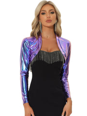 Women's Cropped Bolero Holographic Party Shimmering Shiny Lightweight Metallic Cardigan