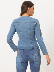 Lapel Collar Long Sleeve One Button Denim Blazer Jean Jacket