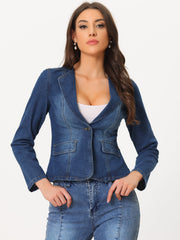Lapel Collar Long Sleeve One Button Denim Blazer Jean Jacket