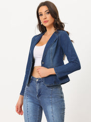 Lapel Collar Long Sleeve One Button Denim Blazer Jean Jacket
