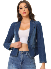 Lapel Collar Long Sleeve One Button Denim Blazer Jean Jacket