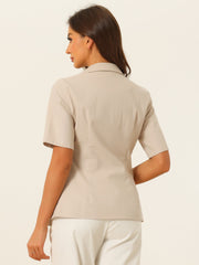 Cotton Linen Office Business Short Sleeve Notched Lapel Blazer Jacket