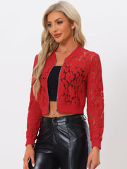 Stand Collar Zip Up Mesh Sheer Lace Crop Bomber Jacket