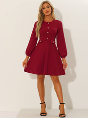 Crew Neck Office Contrast Button Decor Long Sleeve Dress