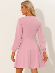 Crew Neck Office Contrast Button Decor Long Sleeve Dress