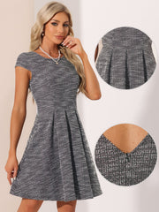 Plaid Tweed Round Neck Cap Sleeve A-Line Vintage Pleated Dress