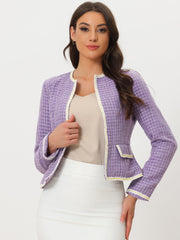 Plaid Tweed Long Sleeve Open Front Work Office Cropped Jacket Blazer