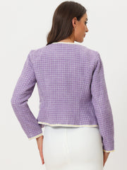 Plaid Tweed Long Sleeve Open Front Work Office Cropped Jacket Blazer