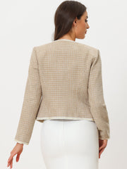 Plaid Tweed Long Sleeve Open Front Work Office Cropped Jacket Blazer