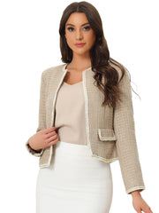 Plaid Tweed Long Sleeve Open Front Work Office Cropped Jacket Blazer