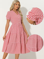Ruffle Trim V Neck Button Decor Plaid Gingham Tiered Midi Dress