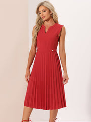 Sleeveless Dress Casual V Neck Button Pleated Midi Dress