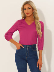 Casual Office Blouse 3/4 Sleeve V Neck Satin Shirt