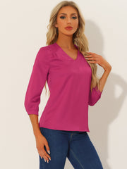 Casual Office Blouse 3/4 Sleeve V Neck Satin Shirt