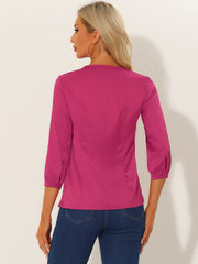 Casual Office Blouse 3/4 Sleeve V Neck Satin Shirt
