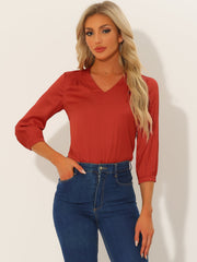 Casual Office Blouse 3/4 Sleeve V Neck Satin Shirt