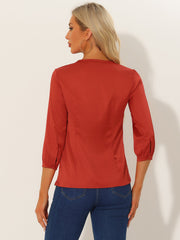 Casual Office Blouse 3/4 Sleeve V Neck Satin Shirt
