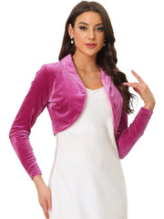 Long Sleeve Lapel Collar Velvet Open Front Cropped Bolero Shrugs
