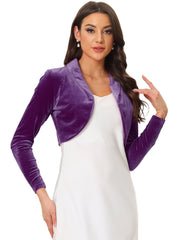 Long Sleeve Lapel Collar Velvet Open Front Cropped Bolero Shrugs