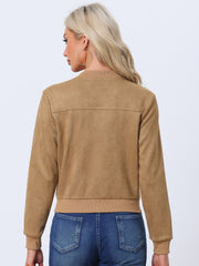 Faux Suede Crop Stand Collar Zip Up Biker Moto Bomber Jackets