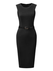 Belted Sheath Round Neck Sleeveless Casual Office Dress