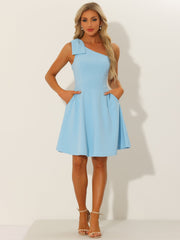 Bow One Shoulder Sleeveless Pockets A-Line Midi Dress