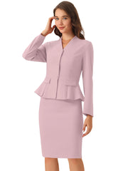 2 Piece Long Sleeve Collarless Peplum Blazer and Pencil Skirt Work Suit Set