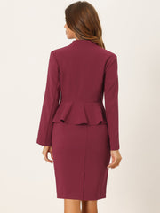 2 Piece Long Sleeve Collarless Peplum Blazer and Pencil Skirt Work Suit Set
