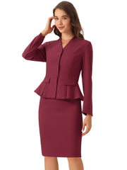 2 Piece Long Sleeve Collarless Peplum Blazer and Pencil Skirt Work Suit Set