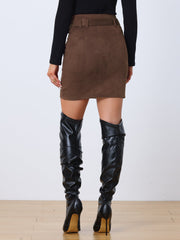 Faux Suede Casual High Waist Belted A-Line Mini Skirts