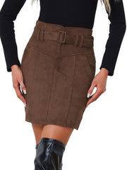 Faux Suede Casual High Waist Belted A-Line Mini Skirts