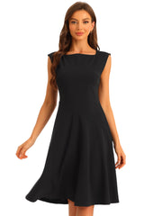 Square Neck Elegant Teacher Office Sleeveless Sheath Dress