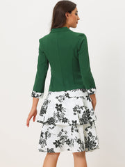 Work flower Print Contrast Panel 2pc Sets Chiffon V Neck Jacket Dress