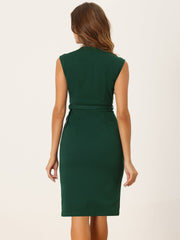 Solid Color V Neck Sleeveless Belted Business Office Midi Sheath Dress