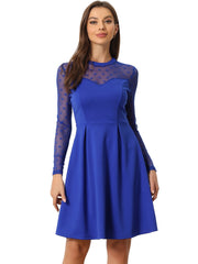 Party Heart Mesh Sheer Sleeve Crew Neck Skater Short Dress