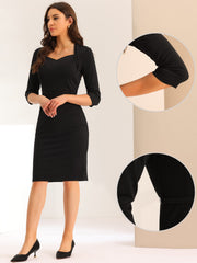 Work Office Dress 3/4 Sleeve Belted Sweetheart Neck Sheath Dress