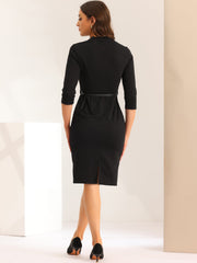 Work Office Dress 3/4 Sleeve Belted Sweetheart Neck Sheath Dress
