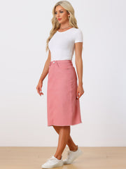 Casual High Waist Back Slit Stretch Denim Midi Skirt