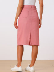 Casual High Waist Back Slit Stretch Denim Midi Skirt