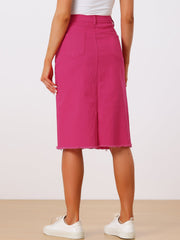 Casual High Waist Back Slit Stretch Denim Midi Skirt